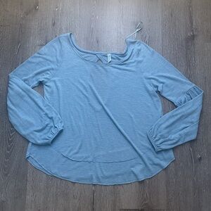 Free People Open Back Ribbed Top Medium Blue Bell Sleeve Boho Blouse